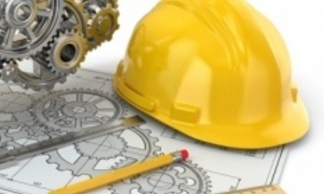 Yellow hard hat and gears